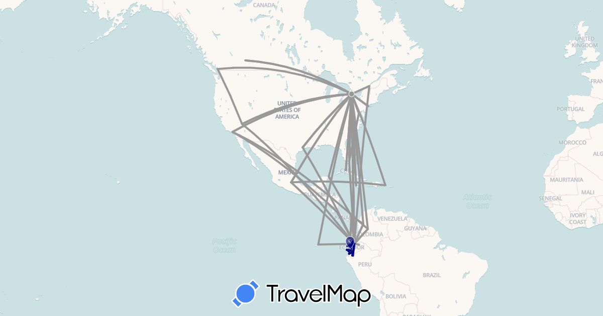 TravelMap itinerary: driving, plane in Bahamas, Canada, Colombia, Costa Rica, Cuba, Dominican Republic, Ecuador, Jamaica, Mexico, Nicaragua, Panama, United States (North America, South America)